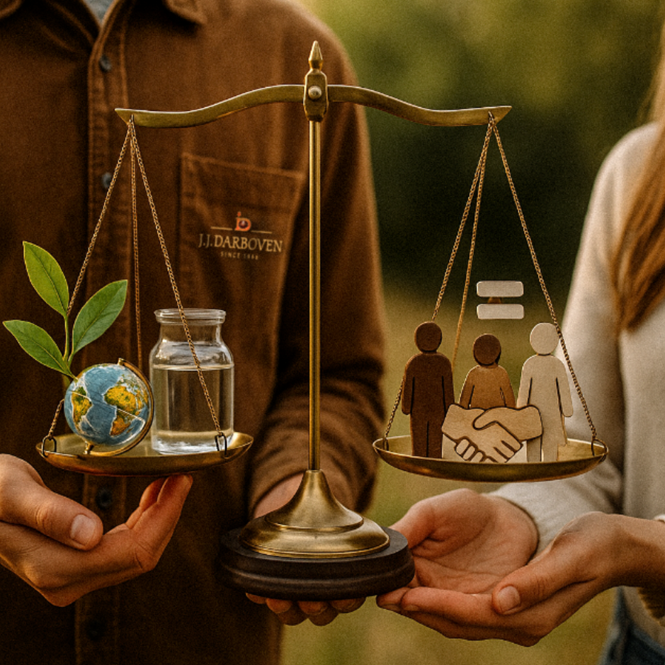 Zwei Menschen halten eine Waage mit Erde und Symbolen der Einheit, um Nachhaltigkeit und Engagement für die Gemeinschaft in Einklang zu bringen.