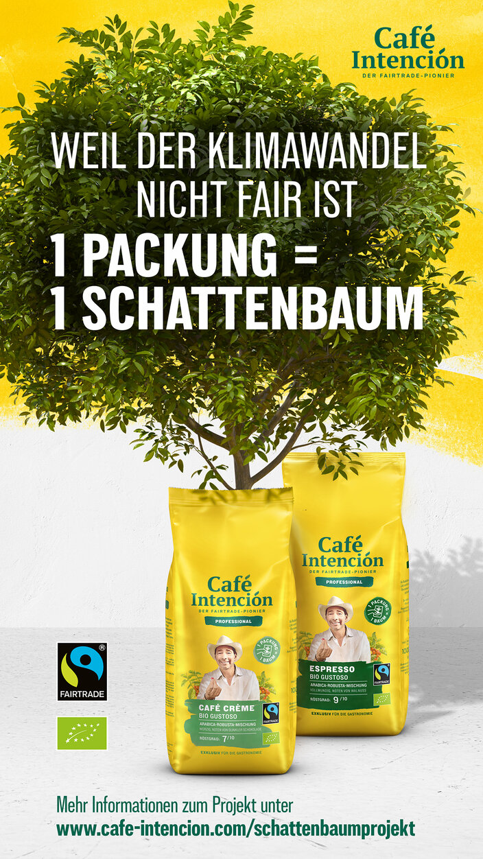 Café Intención promotes sustainable coffee with Fairtrade packaging, explaining their eco-friendly initiative under a vibrant tree.