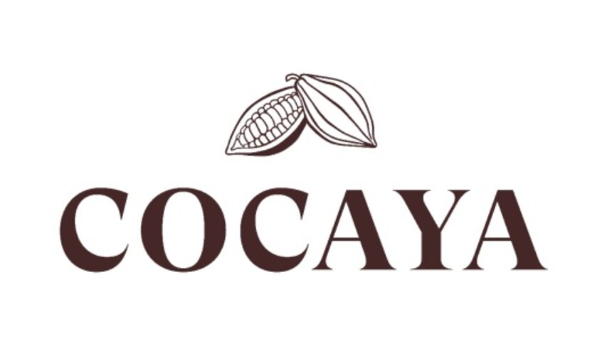 Elegantes Cocaya-Logo mit Abbildungen von Kakaoschoten, die für hochwertige Schokoladenprodukte und Nachhaltigkeit stehen.