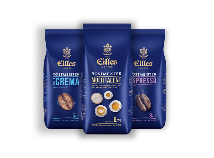 Eilles Kaffee's Röstmeister range featuring Caffè Crema, Multitalent, and Espresso coffee blends. Perfect for every brew.