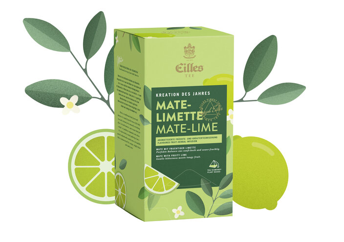 Erfrischende Eilles Mate-Lime-Teebox mit Limettenmotiven und Details zum Kräuteraufguss – ideal für Teeliebhaber.