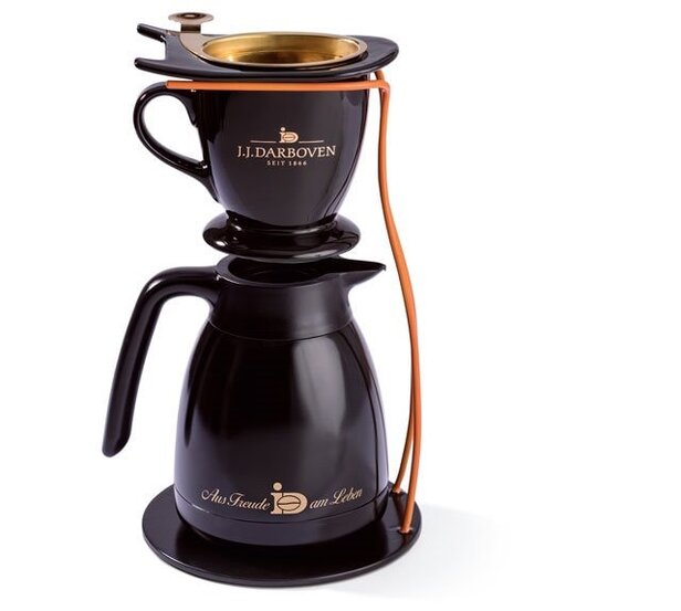 Elegante J.J. Darboven Kaffeemaschine in Schwarz mit stilvoller Brühkammer und Kanne für ein erstklassiges Kaffeeerlebnis.