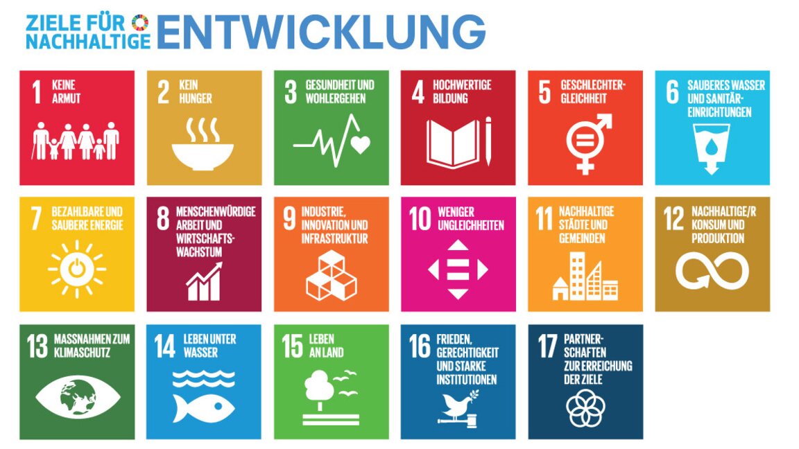 Infografik zu den Zielen für nachhaltige Entwicklung, die die wichtigsten Bereiche für weltweite Fortschritte und Bewusstseinsbildung hervorhebt.