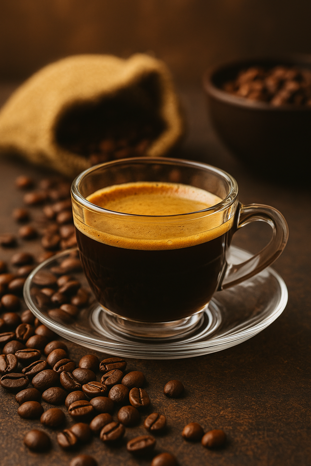 Rich espresso served in a clear glass, surrounded by coffee beans and a burlap sack, perfect for coffee lovers.