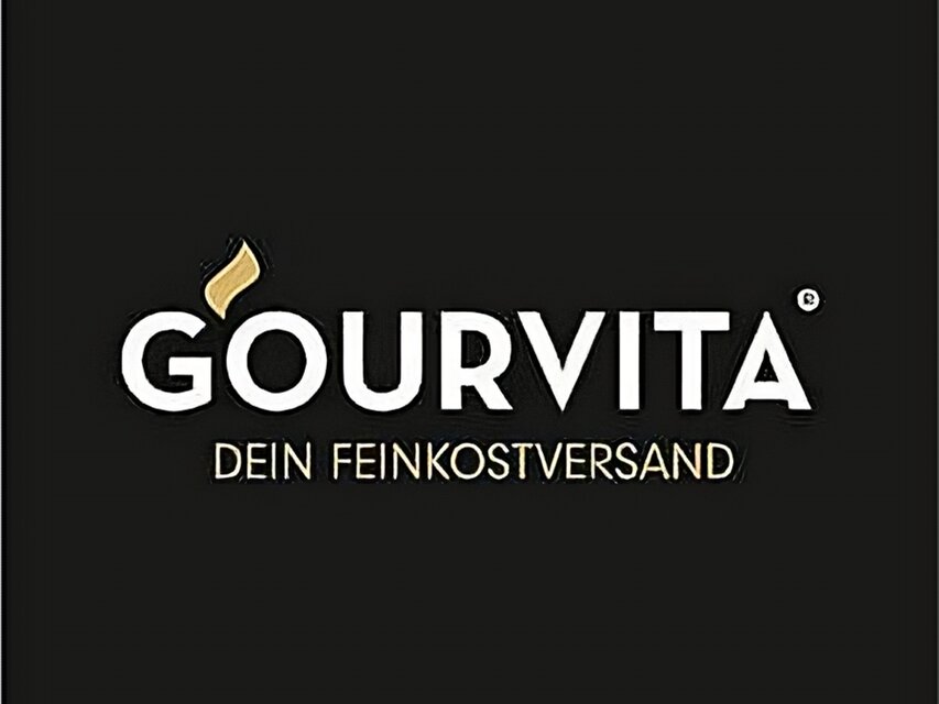Gourvita-Logo mit Slogan, das eine Premium-Feinkostmarke in einem schlanken schwarzen Design präsentiert.