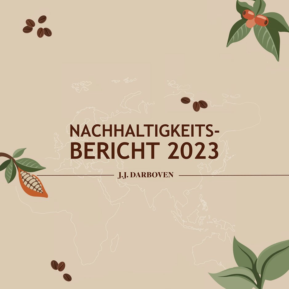 Nachhaltiger Berichtsumschlag für JJ Darboven 2023 mit Kaffeebohnen und botanischen Illustrationen.