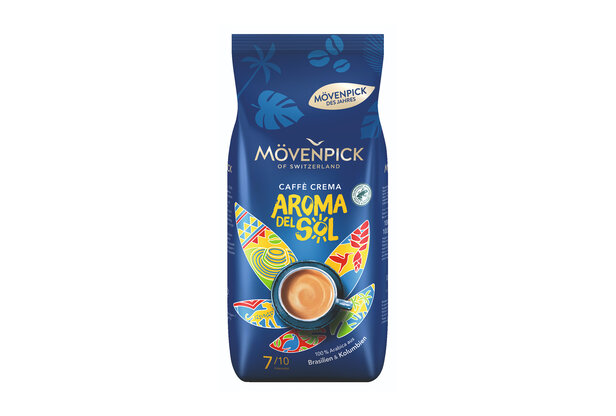 Mövenpick Aroma del Sol Kaffeepackung mit lebhaften tropischen Motiven und einer Tasse vollmundigem, aromatischem Kaffee.