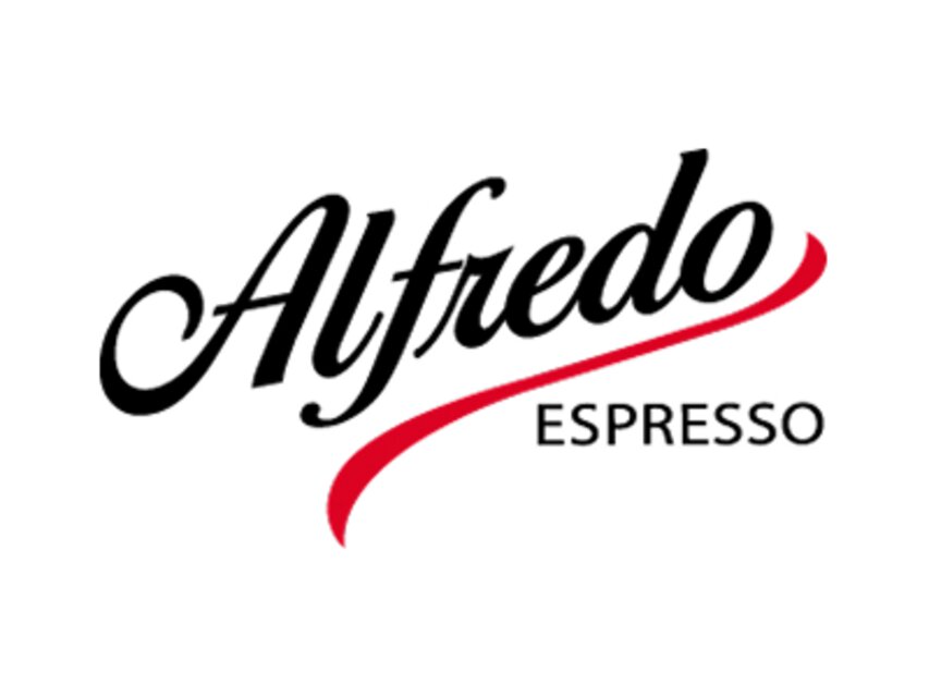 Stilvolles Alfred-Espresso-Logo mit eleganter Typografie und einem kräftigen roten Akzent. Perfekt für Kaffeeliebhaber und -enthusiasten.