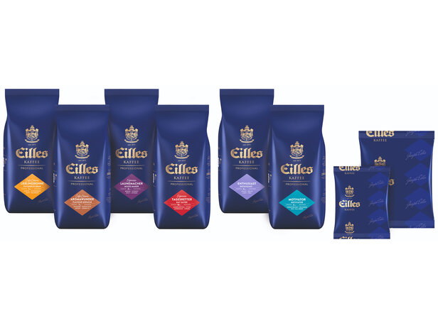 Die professionellen Kaffeemischungen von Café Eilles in der eleganten blauen Verpackung sind perfekt für Kaffeeliebhaber und -genießer.