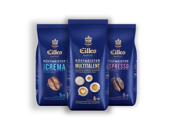 Das Röstmeister-Sortiment von Eilles Kaffee mit den Kaffeemischungen Caffè Crema, Multitalent und Espresso. Perfekt für jedes Gebräu.