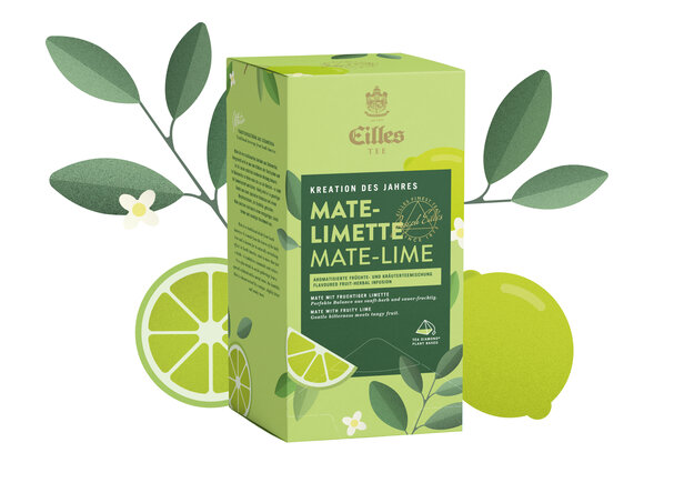Die Mate-Lime-Box von Eilles Tee präsentiert einen erfrischenden Kräutertee mit leuchtenden Limettenmotiven und grünen Designelementen.