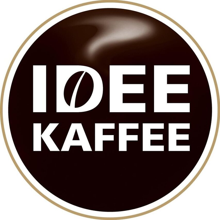Idee Kaffee-Logo mit fetten weißen Buchstaben auf dunklem, kreisförmigem Hintergrund, das für Qualitätskaffee steht.