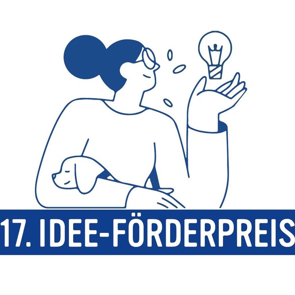 Frau mit Glühbirne, die die Kreativität für den 17. Idee-Förderpreis widerspiegelt, mit einem Hund neben sich.