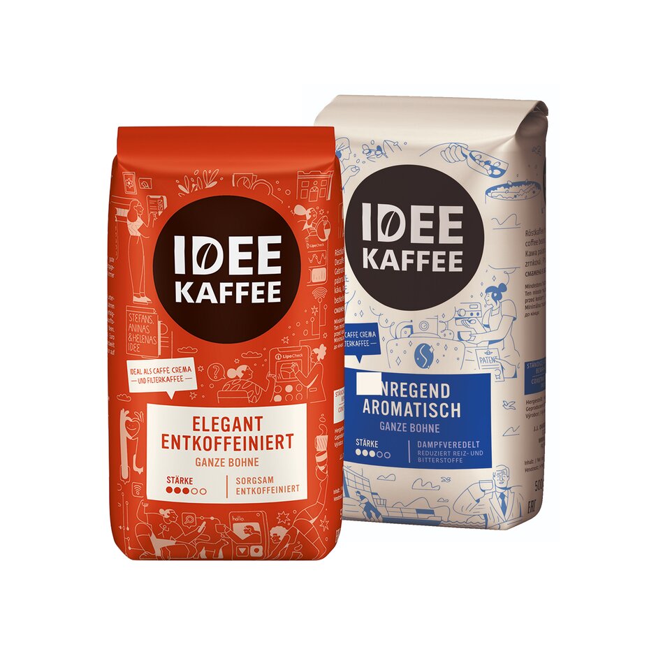 IDEE Kaffee-Pakete mit entkoffeinierten und aromatischen ganzen Bohnen, perfekt für Kaffee-Liebhaber.