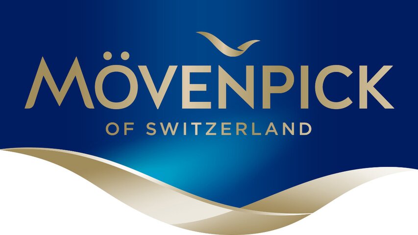 Das Logo von Mövenpick of Switzerland mit eleganter Typografie und blauem Farbverlauf verkörpert Qualität und Luxus.