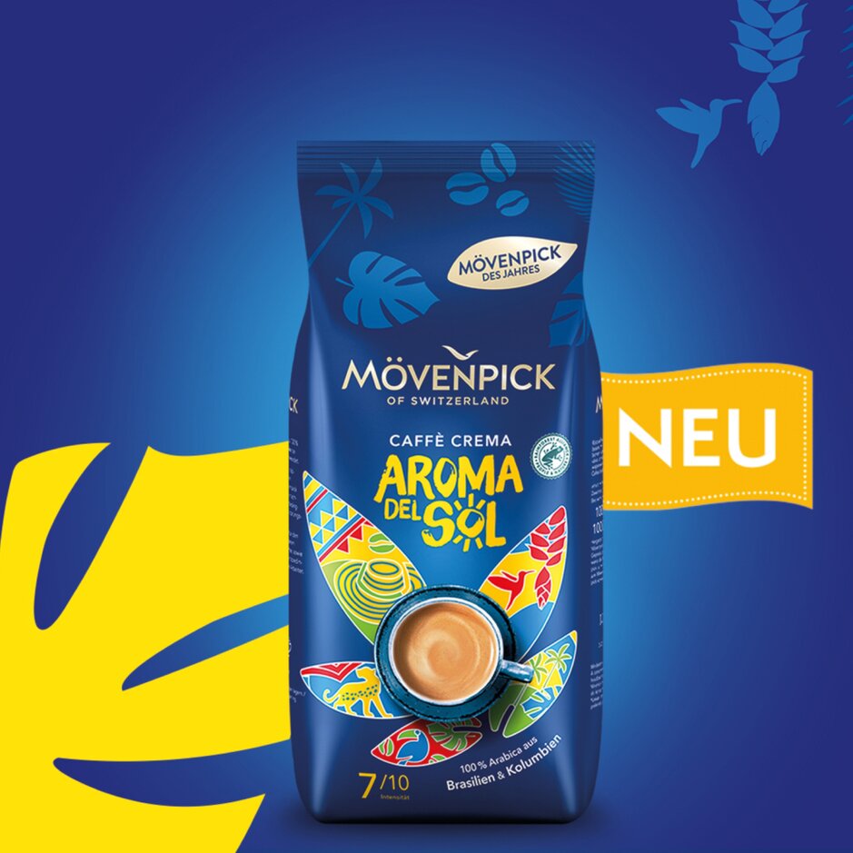 Mövenpick Aroma del Sol Caffè Crema Packung mit lebhaften Motiven und einer Tasse Kaffee auf einem kräftigen blauen Hintergrund.