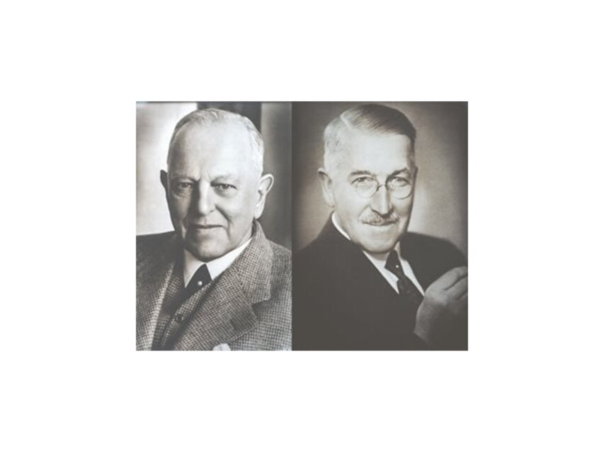 Porträts von Arthur und Caesar Darboven, einflussreiche Persönlichkeiten der Wirtschaftsgeschichte des frühen 20. Jahrhunderts.