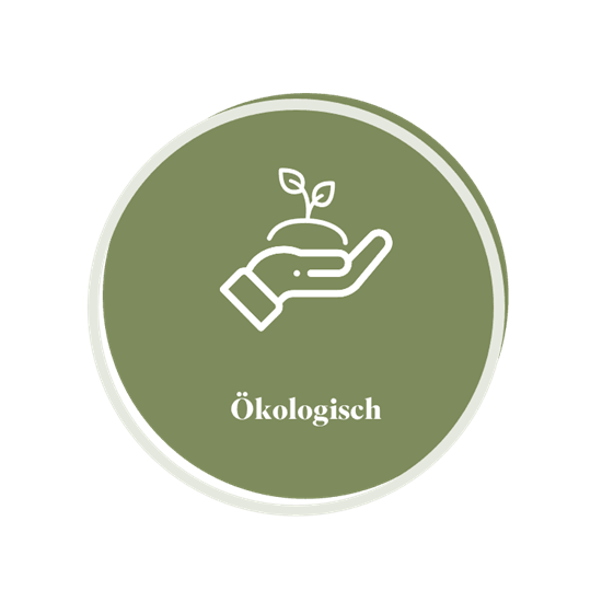 Eco-friendly icon featuring a hand holding a plant, highlighting sustainable practices. Text reads "Ökologisch".