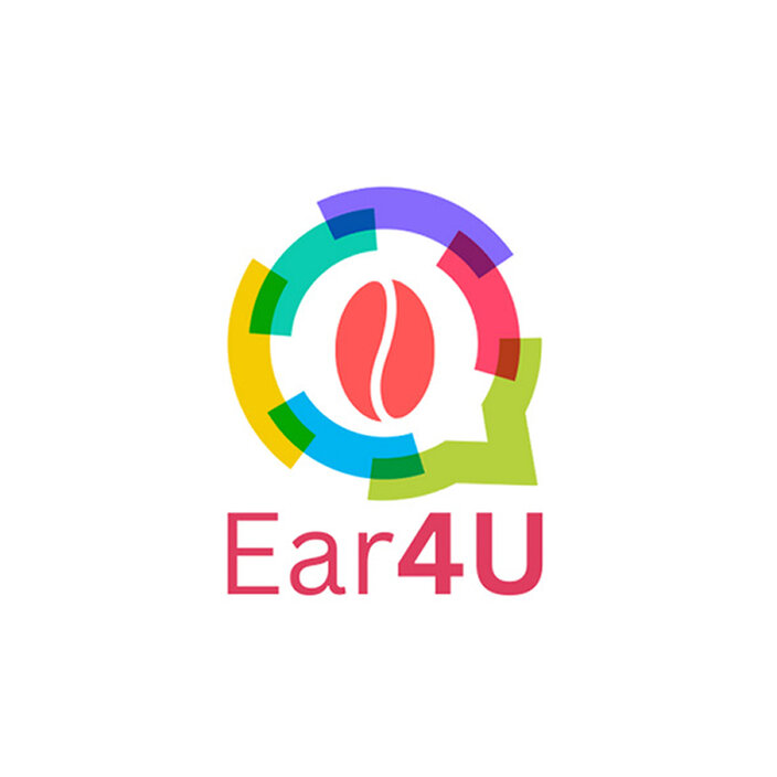 Das farbenfrohe Ear4U-Logo zeigt eine Kaffeebohne und eine Sprechblase, die Kommunikation und Kaffeekultur symbolisieren.