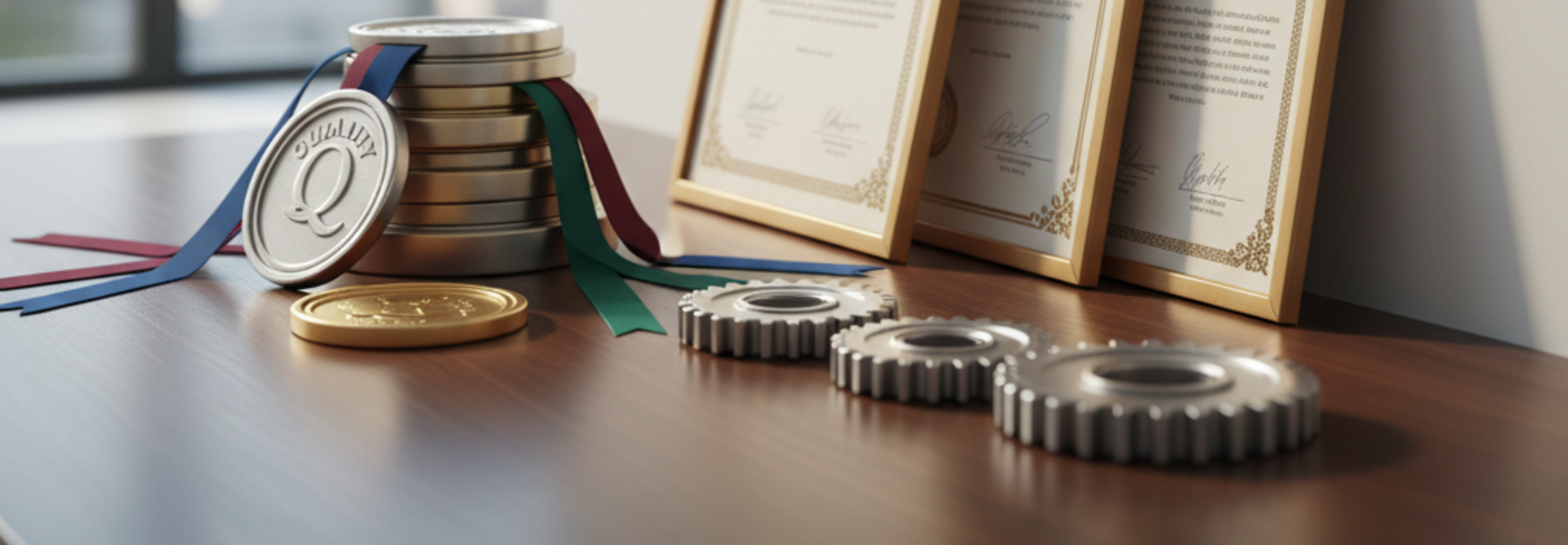 Awards, certificates, and medals showcased on a wooden desk with a city skyline in the background, highlighting excellence.