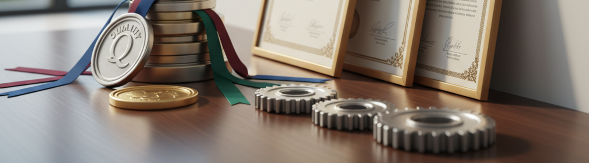 Awards, certificates, and medals showcased on a wooden desk with a city skyline in the background, highlighting excellence.