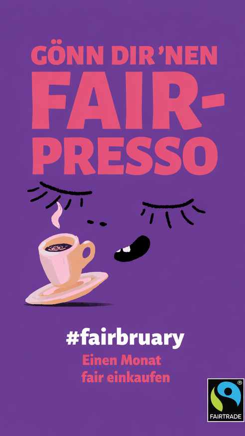 Fairtrade-Kaffee-Illustration zur Förderung von "Fair-Presso" für #fairbruary, um den ethischen Einkauf während des gesamten Monats zu fördern.