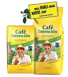 Ein Sticker auf den Packungen von Café Intención kündigt die neuen Kakaos an